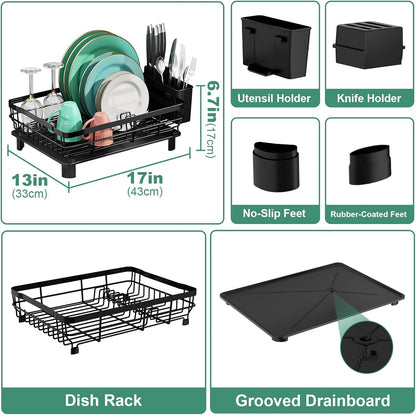 MOUKABAL Dish Drying Rack, Dish Rack, Stainless Steel Dish Racks for Kitchen Counter, Dish Drainer with Removable Utensil Holder, Drainboard (Black)