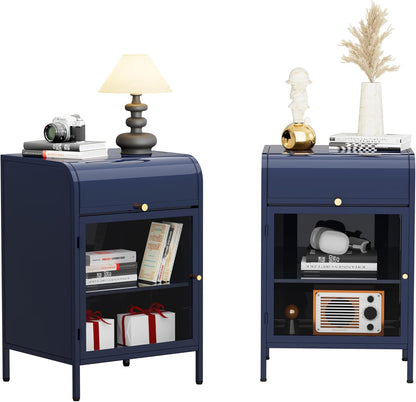 Modern Metal Side Tables Set of 2, End Tables with Glass Door, 2-Tier Nightstands with Storage Shelves, Accent Table, Slim Sofa Table for Living Room, Bedroom (Blue)