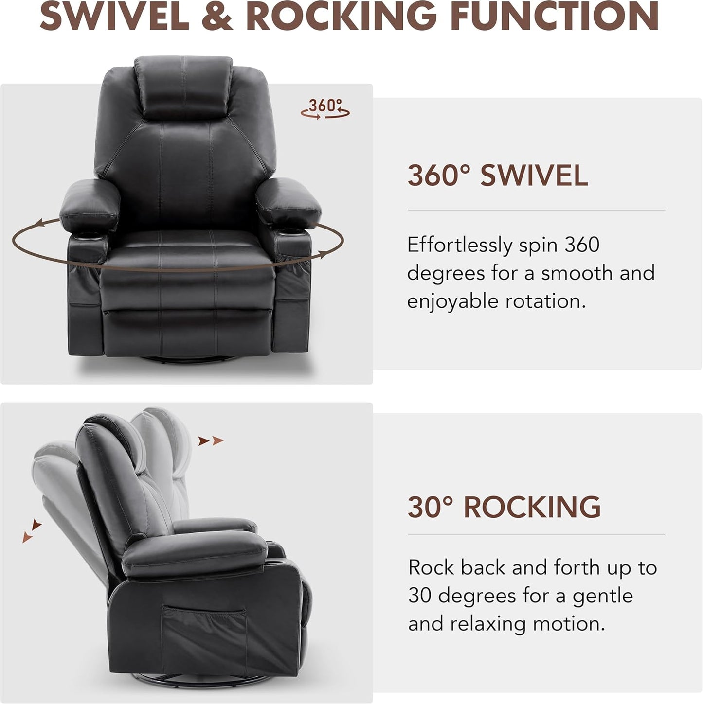 Swivel Rocker Recliner Chair with Heat and Massage, 360 Degree Swivel Rocking Single Sofa with Cup Holders and USB Port, Large Big Recliner Chair for Living Room (Leather, Black)