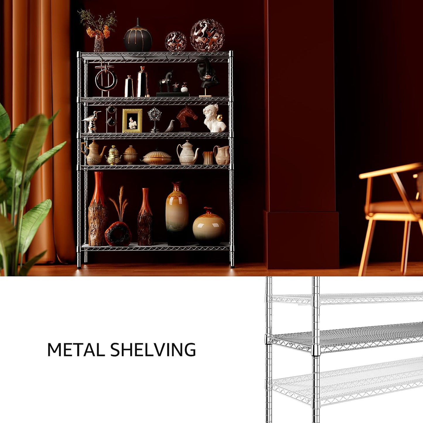 IZEUK 4250 LBS Garage Shelving Wide Storage Shelves 5 Tier Metal Shelves Heavy Duty Adjustable Utility Shelf Rack Chrome 17.7" D x 59.1" W x 70.4" H