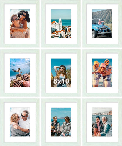 Vittanly 8x10 Picture Frames Set of 9, Shatter Resistant Plexiglass, Display 5x7 Pictures with Mat or 8x10 without Mat, Photo Frames for Wall or Tabletop, Engineered Wood, Vintage Green