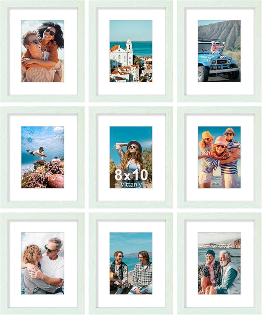 Vittanly 8x10 Picture Frames Set of 9, Shatter Resistant Plexiglass, Display 5x7 Pictures with Mat or 8x10 without Mat, Photo Frames for Wall or Tabletop, Engineered Wood, Vintage Green