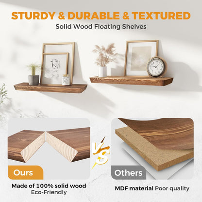 24"x6.8"x1.6" Slanted Floating Wall Shelves 2-Pack - Rustic Brown Finish, Heavy-Duty Solid Wood Design with Hidden Brackets - Perfect for Living Room, Kitchen, Bathroom, or Office
