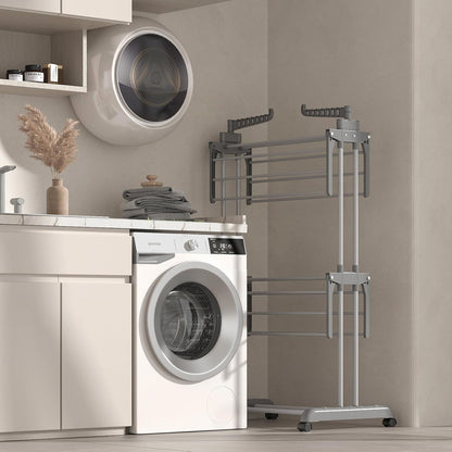 Bigzzia 3 Tier Clothes Drying Rack, 57 Inch Laundry Drying Rack, Foldable Stainless Steel Kids Clothing Rack, Movable Laundry Rack for Indoor Outdoor - Grey