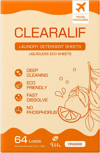 CLEARALIF Laundry Detergent Sheets, Orange, 64 Load, CLEARALIF Laundry Detergent Strips Eco Friendly & Hypoallergenic