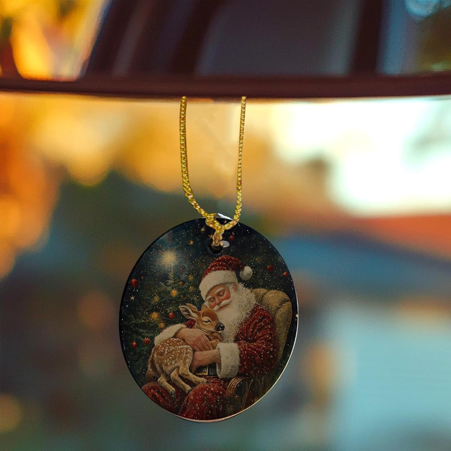 Vintage Christmas Santa Deer Ceramic Ornament Gifts, Rustic Winter Christmas Decorative Hanging Ornaments for Xmas Tree Holiday Party Decoration, Santa Deer Xmas Tree Decorations