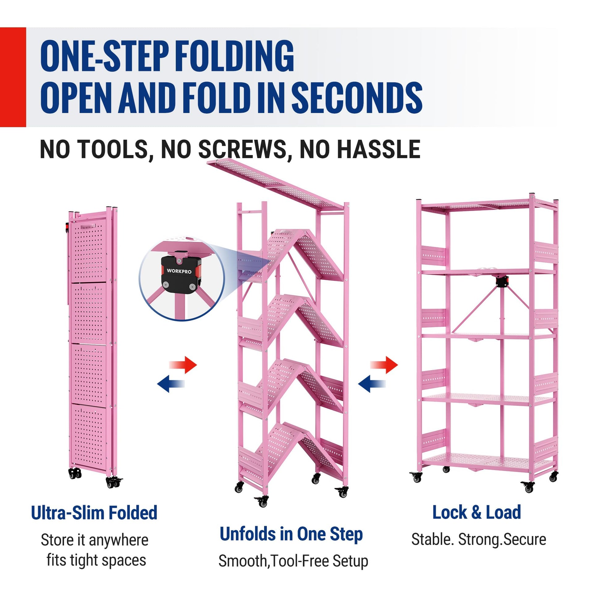 WORKPRO 5-Tier Folding Shelf, No-Assembly Metal Storage Rack with Wheels, 750 lbs Capacity (with
