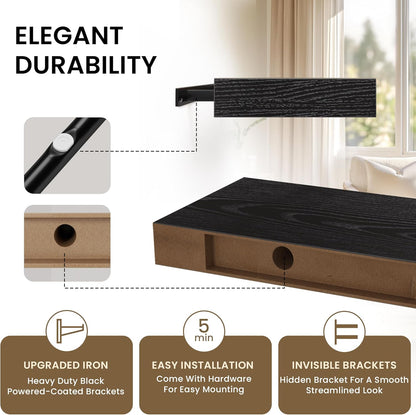 Floating Shelves for Wall, 36" W x 8" D x 1.5" H, Wooden Wall Mounted Display Shelves with Invisible Brackets for Living Room, Bedroom, Bathroom, Kitchen Decor and Storage, Set of 2, Black