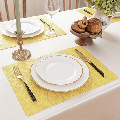 Romanstile Vinyl Placemats Set of 8-12 X 18 Inch - Heat Resistant Non-Slip Embossed Floral Place Mats 100% Waterproof Oilproof Wipeable Faux Leather Table Mats for Kitchen/Dining/Party, Yellow