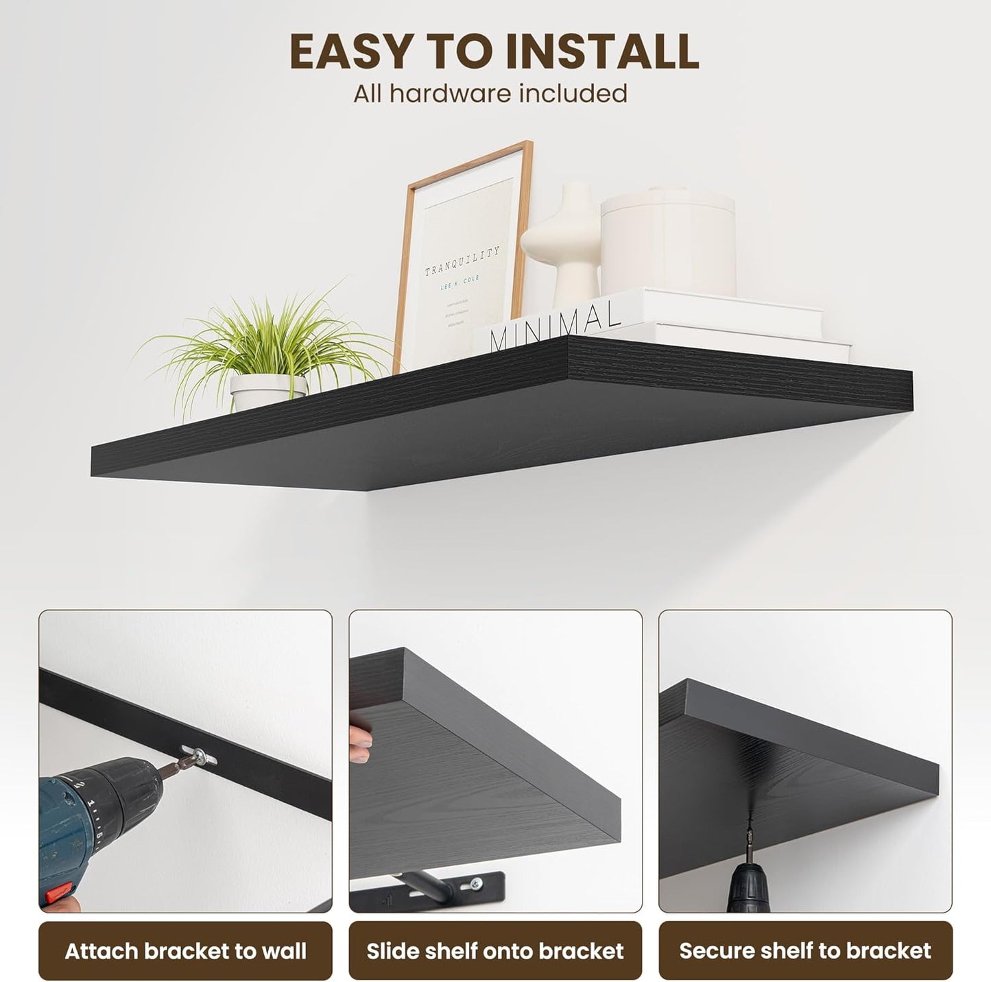 32" Floating Shelves for Wall, 12" Deep Slim Black Floating Shelves, Wall-Mounted Shelves for Bedroom, Living Room, Kitchen, Bathroom - Set of 2