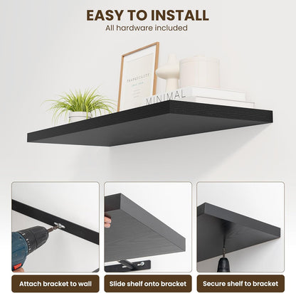 30" Floating Shelves for Wall, 12" Deep Slim Black Floating Shelves, Wall-Mounted Shelves for Bedroom, Living Room, Kitchen, Bathroom - Set of 2