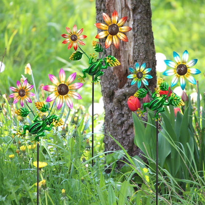 3 Pack Frog＆Flowers Garden Stakes Decor,Metal Yard Art Decorative Garden Stakes,Metal Flowers Spring Outdoor Decor for Mom,Women,Grandma