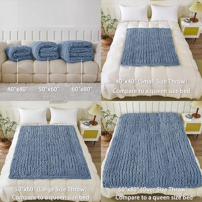 WESHIONGOO Chunky Knit Blanket Throw 40"×40" Knitted Throw Blankets for Couch Bed Fluffy Soft Blanket with Jumbo Chenille Yarn Thick 100% Handmade (Dusty Blue)