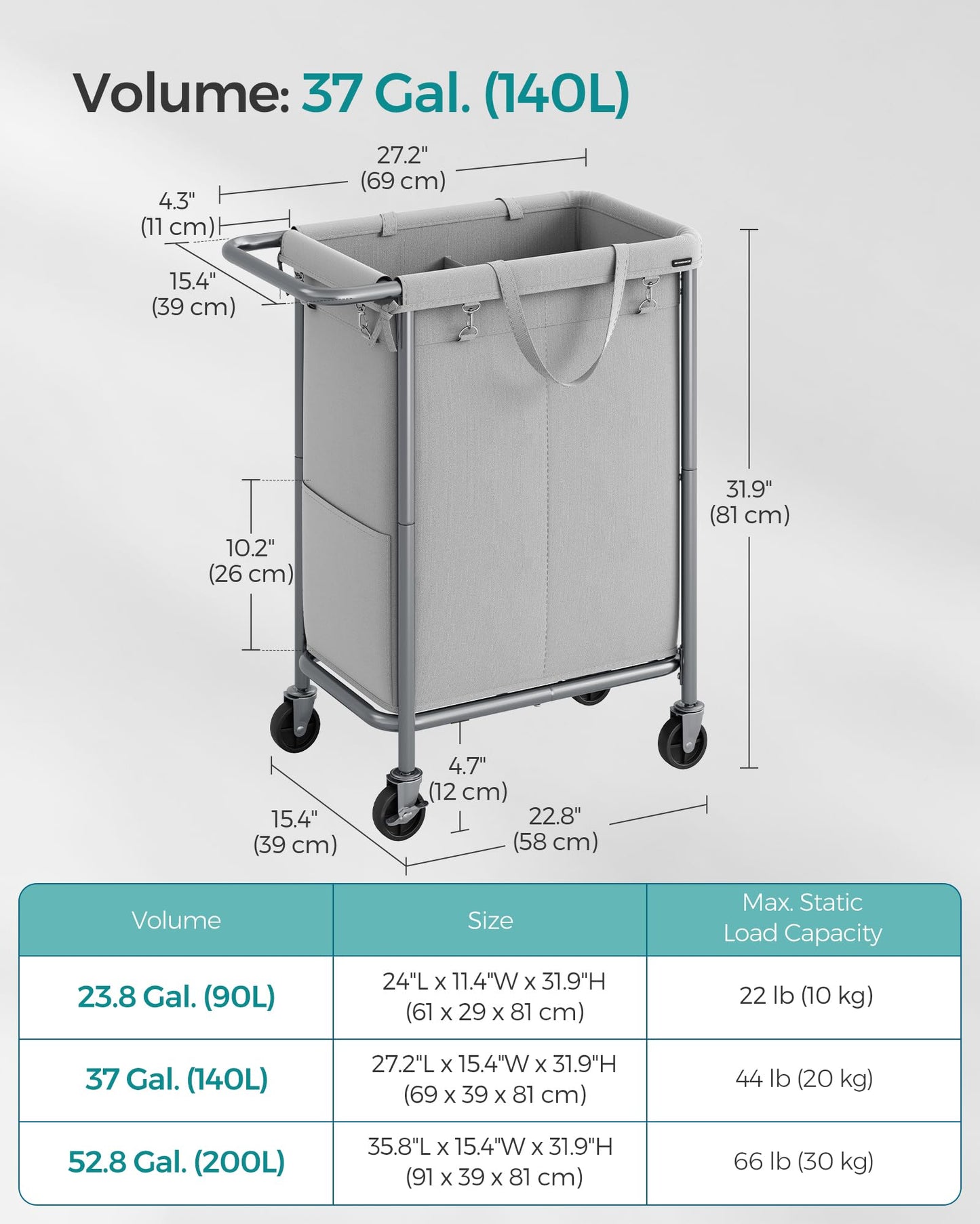 SONGMICS Laundry Basket with Wheels, Rolling Laundry Hamper, 23.8 Gallons (90 L), Removable Liner
