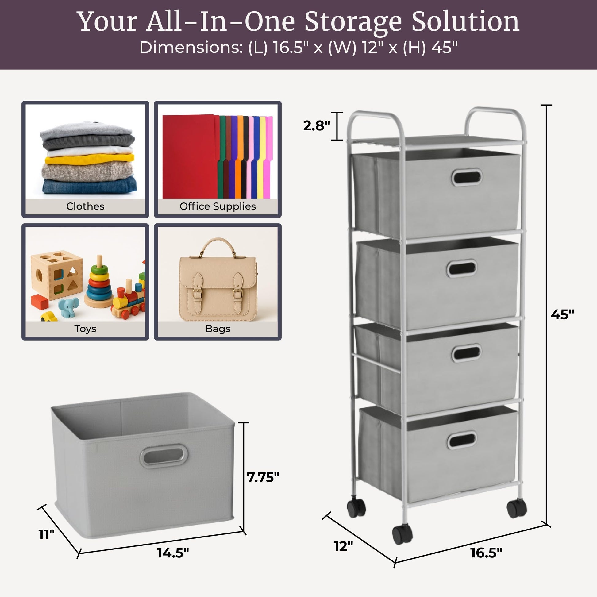 Lavish Home 4-Drawer Fabric Dresser, Gray/Silver, 16.5” x 12” x 45”