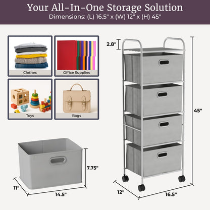 Lavish Home 4-Drawer Fabric Dresser, Gray/Silver, 16.5” x 12” x 45”