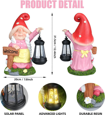 Solar Garden Gnome Statue Holding LED Lantern with Welcome Sign Outdoor Ornaments Waterproof Christmas Decoration for Outside Patio Yard Lawn Decor (Pink)