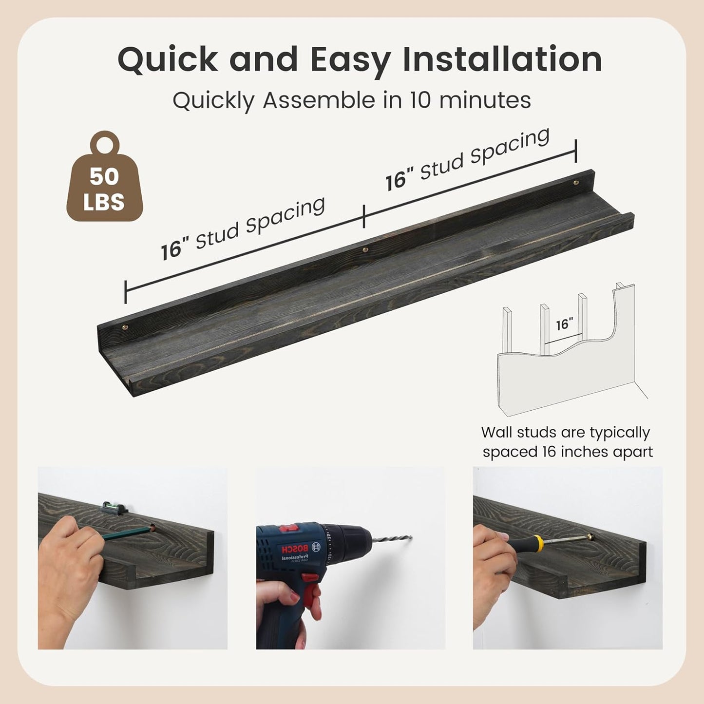 36 Inches Floating Shelves for Wall, Solid Pine Wood Picture Ledge Shelves, Wall Shelves with Lips, Nursery Book Shelves for Toys Storage Living Room Bedroom Photo Frames (2 Pcs, Grey)