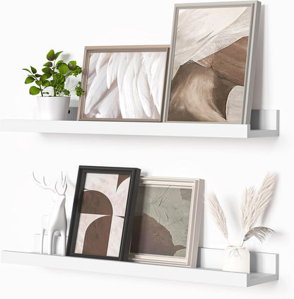 Heimlove Picture Ledge Shelf, Floating Shelves Set of 2, 24 Inches Picture Shelf for Wall with Ledge, Kids Bookshelf Wall Mounted for Living Room Bedroom Decor Books Photo Frames - White