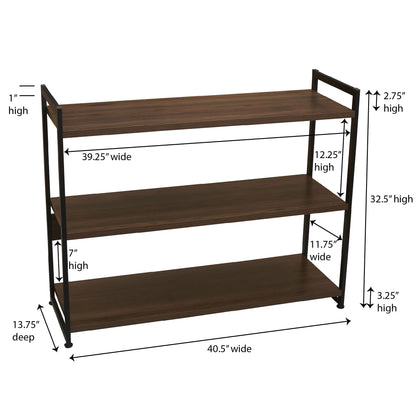 Household Essentials Jamestown Wide 3 Shelf Open Storage Bookshelf Mid Century Walnut Wood Grain