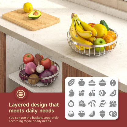 2 Tier Fruit Basket for Kitchen Counter with 2 Banana Hangers, Metal Stackable Fruit Bowl for Kitchen Counter for Bread Vegetable Fruits, Silvery