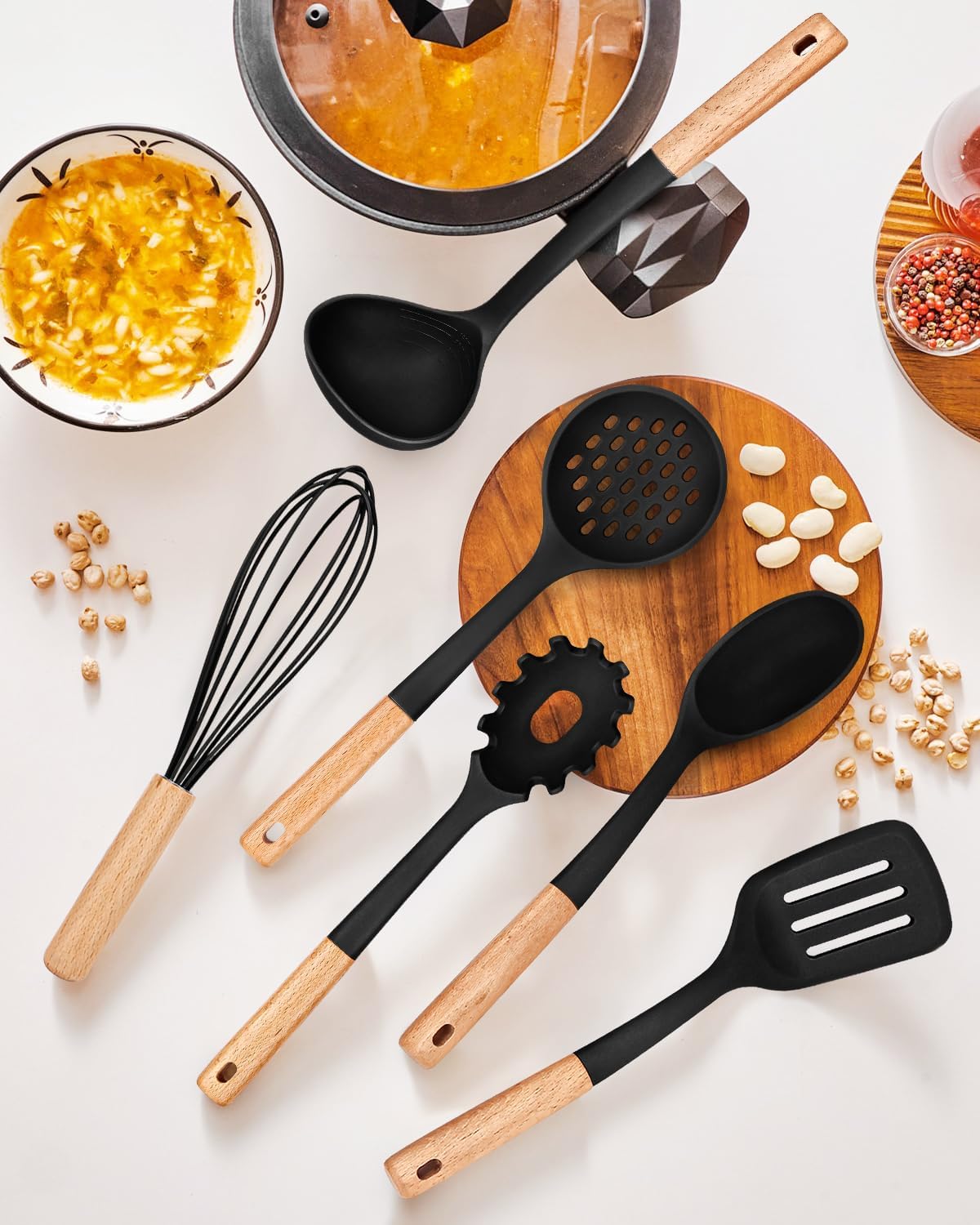 Kitchen Utensils Set, 13PCS Silicone Cooking Utensils, Heat Resistant Kitchen Utensil Spatula Set for Nonstick Cookware, Wooden Handles Kitchen Gadgets Tools Set