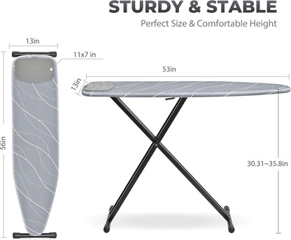APEXCHASER Ironing Board with Silicon Iron Rest, Heavy-Duty Legs and Heat Resistant Cover, 13x53 inch, Black
