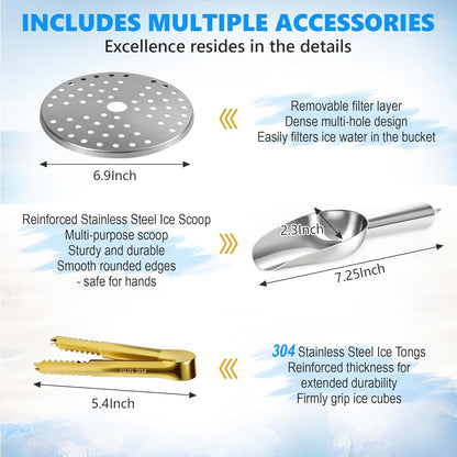 Ice Bucket, Ice Bucket with Silicone Sealing Ring Double-Wall Vacuum Insulation Champagne Buckets with Filter Layer Ice Tongs Ice Scoop (Black, 4 L)