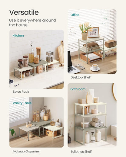 SONGMICS Cabinet Organizer Shelf, Set of 3 Kitchen Counter Shelves, Kitchen Storage, Spice Rack, Stackable, Expandable, Sand Beige UKCS220K01