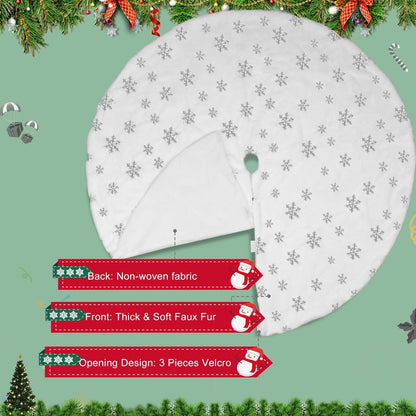 Christmas Tree Skirt, 48 Inch White Luxury Faux Fur & Silver Sequin Snowflakes, 4ft Xmas Tree Skirt for Holiday Tree Ornaments Christmas Party Home Decorations