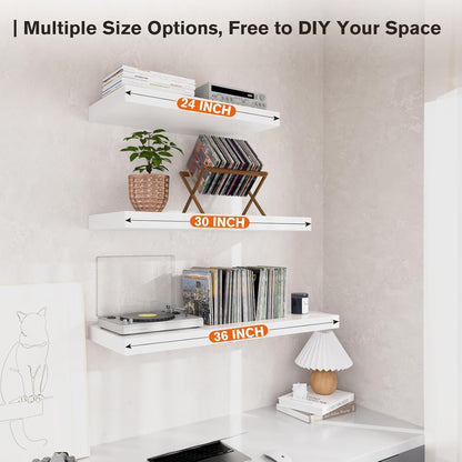 Large Floating Shelves for Wall Set of 3 Wooden Wall Shelves 30 in x 12.75 in x 2 in Room Decor Long Shelf with Invisible Wall Mount Bracket for Bedroom Kitchen Living Room White