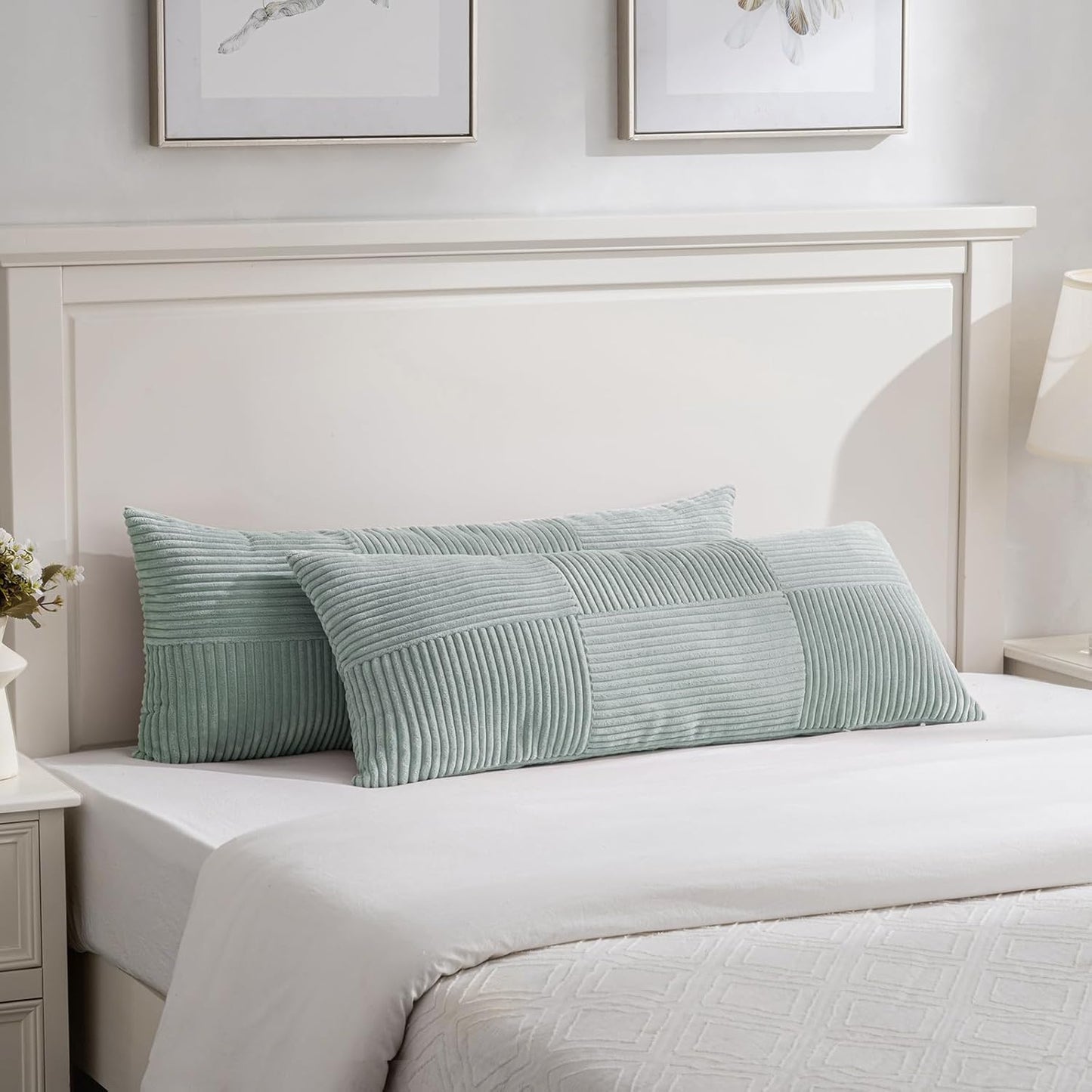 Fancy Homi Set of 2 Grey Blue Boho Long Lumbar Body Decorative Throw Pillow Cover 14x36 Inch for Bed Couch Bedroom Bench, Soft Patchwork Corduroy Textured Pillow Case, Rustic Farmhouse Room Décor