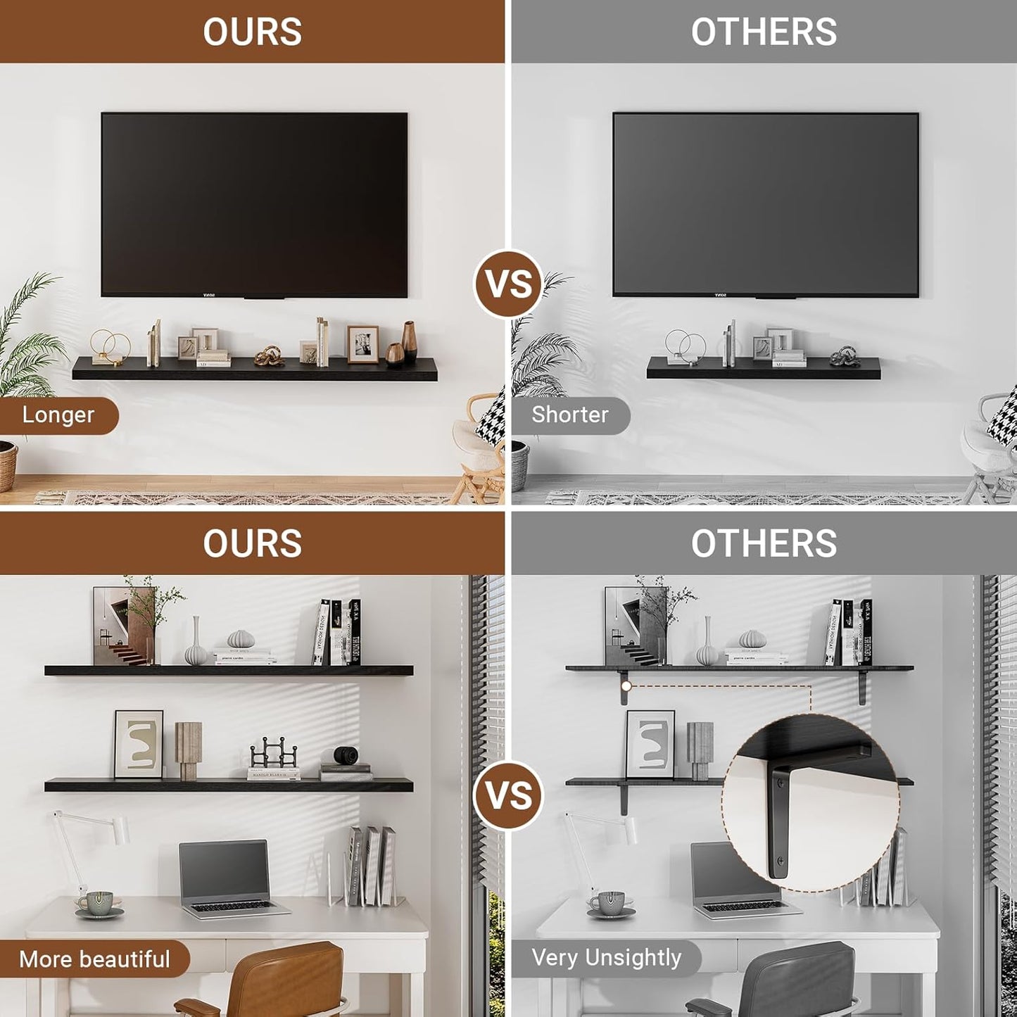 Heimlove Floating Shelves for Wall 48 Inches Long,9.3" Deep Black Floating Shelf Set of 2,Wall Mounted Wood Shelves for Bathroom Bedroom Living Room Kitchen Office,Shelf for Books Storage Room Decor