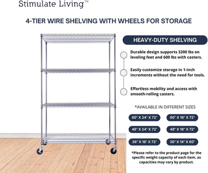 48"x24"x72" Prime Heavy Duty Chrome 4-Tier Wire Shelving NSF 3200 LBS MAX Capacity Storage Rack for Commercial, Hospital, School, Garage, and Kitchen Uses (with Wheels)