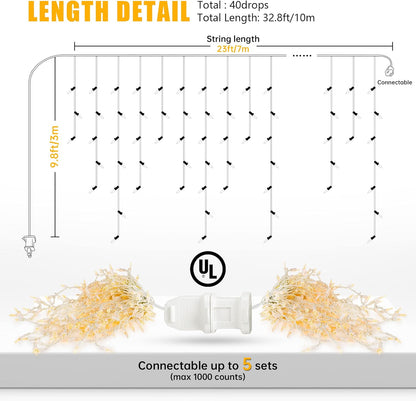 Icicle Lights Outdoor,Oopswow 23FT 200 Connectable Icicle Christmas Lights,Warm White Plug in Curtain String Lights for Indoor Wedding Party Holiday Xmas Yard Patio Window Decorations1