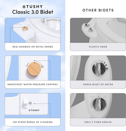 TUSHY Classic 3.0 Bidet Toilet Seat Attachment - A Non-Electric Self Cleaning Water Sprayer with Adjustable Water Pressure Nozzle, Angle Control & Easy Home Installation, (White/Bronze)
