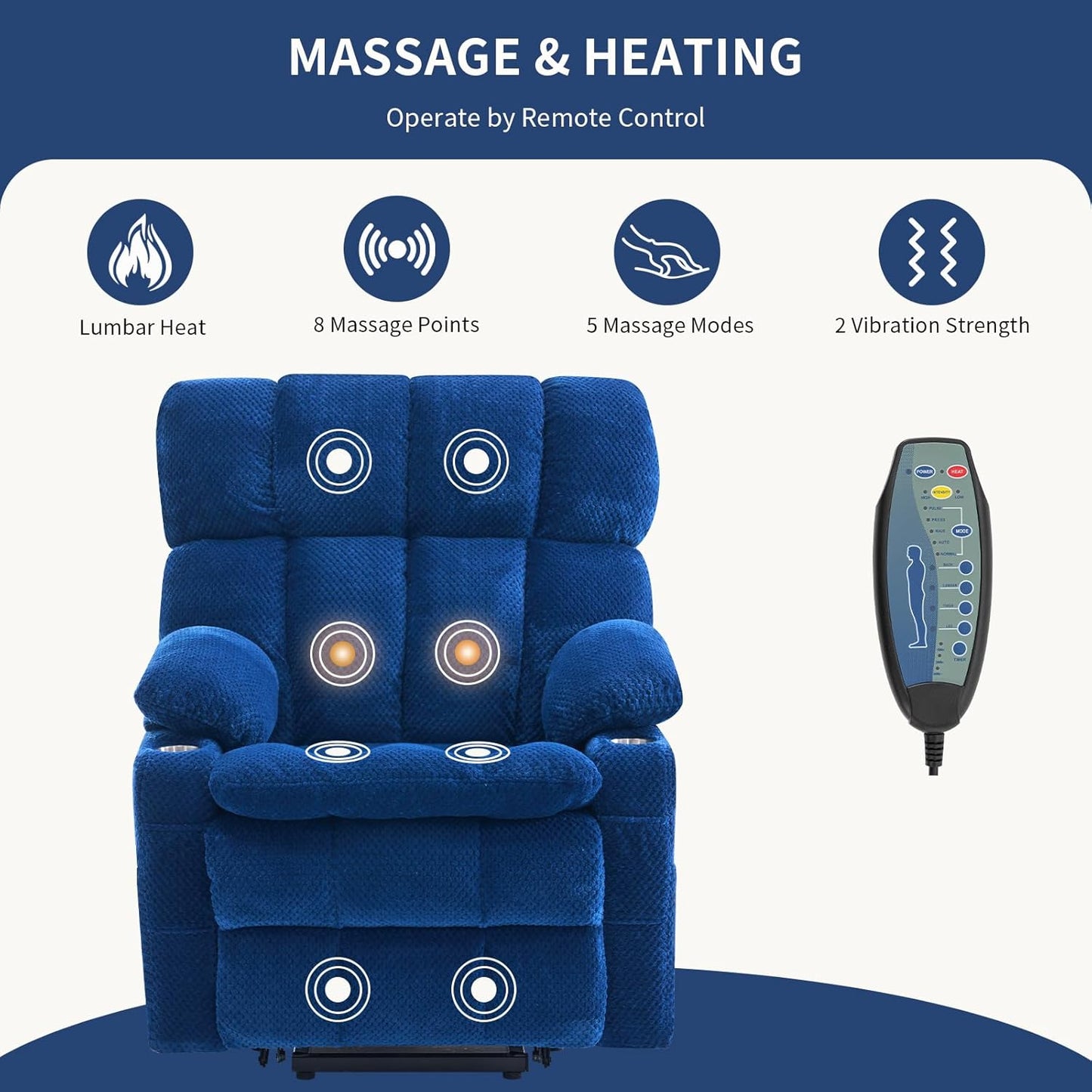 Dual Motor Power Lift Recliner Chair for Elderly,Electric Lift Chair with Adjustable Headrest, Heat and Massage,Lay Flat Recliner with Cup Holders,USB Ports,Type C,Zero Gravity, Blue