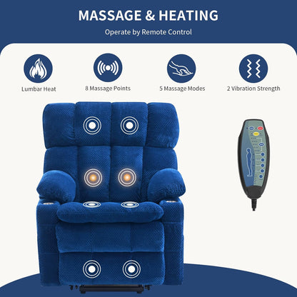 Dual Motor Power Lift Recliner Chair for Elderly,Electric Lift Chair with Adjustable Headrest, Heat and Massage,Lay Flat Recliner with Cup Holders,USB Ports,Type C,Zero Gravity, Blue
