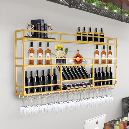 59in Wall Mounted Wine Rack, Wine Rack Wall Mounted With Wine Glass Rack, Metal Bar Bottle Display Shelf Wine Cups Hanging Holder, For Home Bar Cafe Dining Room Decoration (GOLD, 59*10*35.5inch)