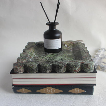 Natural Luxury Marble Tray with Scalloped Edge, Handmade Square Decorative Tray, Catch All Tray for Counter, Dresser, Nightstand and Home Décor (Rain Forest Green)