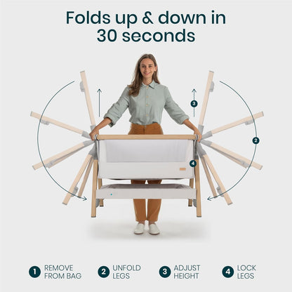 CoZee® 2-in-1 Baby Bassinet & Bedside Sleeper - Fast-Folding Bedside Bassinet, Baby Crib with 6 Mattress Heights & Breathable Mesh Window, Mattress Included, 0-6 Months (Silver & Oak)