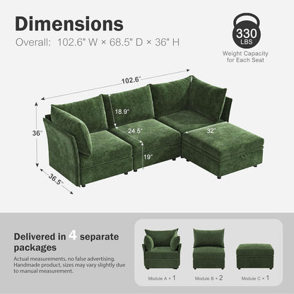 102.6" Modular Sectional Sofa, L Shaped Couch Set for Living Room, 3-Seater Comfy Cloud Couches with Movable Storage Ottoman,DIY Combination - Chenille Green
