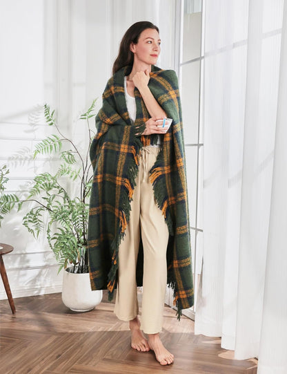 ZonLi Green Plaid Throw Blanket for Couch, Fall Plaid Blanket for Home Decor, Soft Lightweight Cozy All Season Decorative Vintage Blankets with Tassel for Bed and Sofa, 50'' x 60''