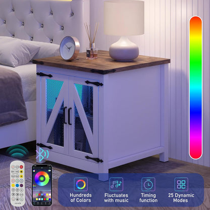 Farmhouse End Table, 24" Large Sofa Side Table with Charging Station, Mesh Barn Door, and Adjustable Storage Shelf, Rustic Wood Square Nightstand for Living Room, Bedroom, Office, White &Brown