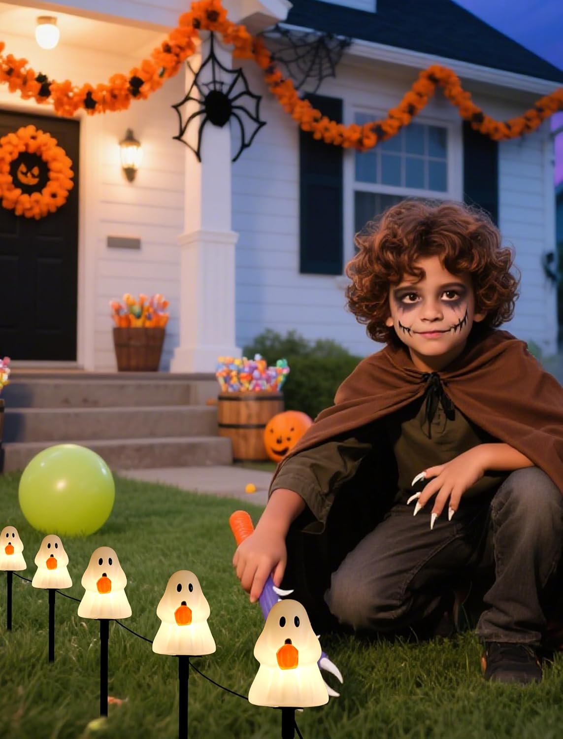 Classic Ghost Halloween Pathway Lights (5-Pack) - Electric Outdoor Decorations with Warm C7 Bulbs, UL Listed Corded Yard Stakes for a Whimsical, Nostalgic Walkway & Lawn Display