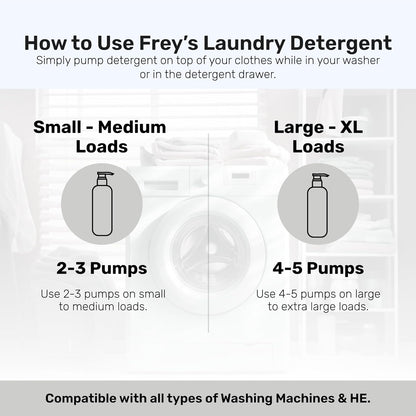 FREY Concentrated Liquid Laundry Detergent | Formulated for Sensitive Skin & HE Washers | Removes Stains Effectively | 50 Loads per Bottle (1-pack Unscented)