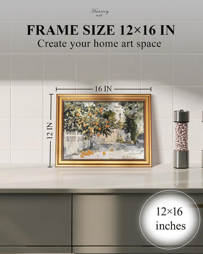 HUARCEY Gold Framed Vintage Wall Art for Living Room Country Orange Trees Earthy Room Decor Aesthetic Oil Painting Wall Picture Farmhouse Canvas Print Artwork for Kitchen Bedroom Bathroom Decor 12x16
