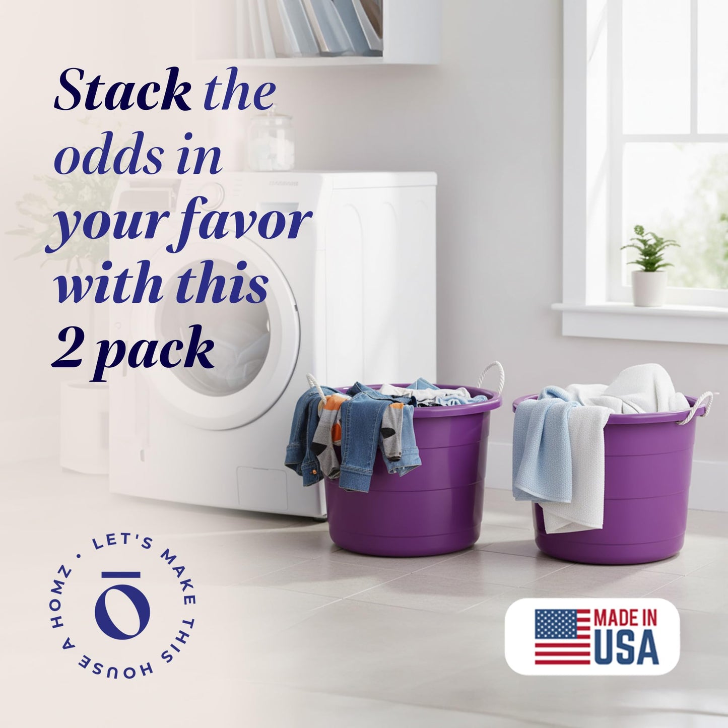 HOMZ 2-Pack Utility Tub, Large Plastic Storage Bucket with Rope Handles, 17 Gallon, Purple