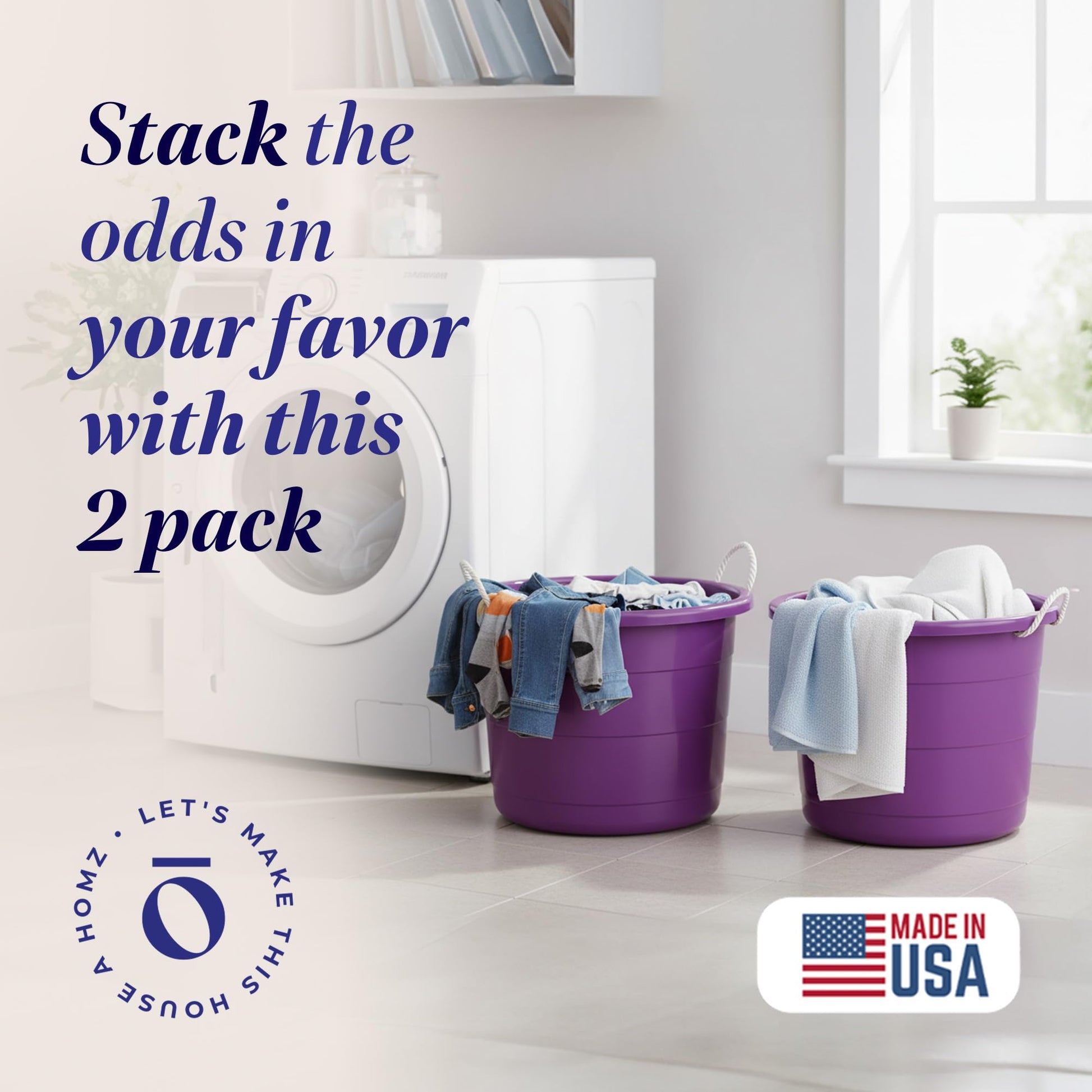 HOMZ 2-Pack Utility Tub, Large Plastic Storage Bucket with Rope Handles, 17 Gallon, Purple