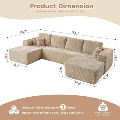 HOOOWOOO Cloud Sectional Couches for Living Room,Modular Sectional Sofa No Assembly,133X70 Inch Plush Corduroy Large U Shaped Floor Couch Set with Deep Seat Chaise Ottoman(Beige)